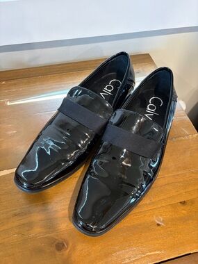 Calvin Klein Black Patent Leather Slip-On Loafers with Elastic Strap